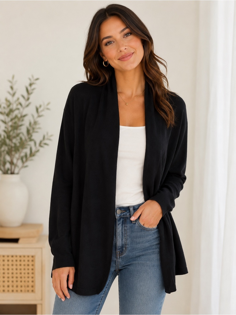 ELLA MOSS || Black Open-Front Draped Cardigan. Sz. L